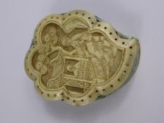 Antique Ivory Leaf Form Carved Pin Cushion, depicting characters in a garden.