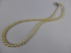 A lady`s graduated pearl necklace with yellow and white gold diamond clasp, length of necklace 46