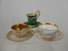 Three Fine Porcelain Cabinet Dresden Tea Cups and Saucers, assorted designs.