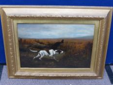 Oil on Board Willis circa 1900, depicting a Pointer and Retriever amidst a moor landscape, 52 x 35