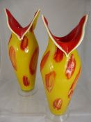 Pair of Murano style glass vases, orange and yellow in colour with flares to the top, approx. 45