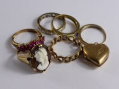 Miscellaneous Gold Jewellery, including a 9ct gold diamond ring, size J; 9ct gold pink stone ring,