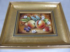 P Gosling - painted porcelain plaque depicting  "" Summer Fruit "" in an ornate gilt frame, approx.