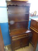 Old Charm style oak cottage dresser having open plate shelves to the top with a drawer and