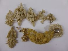Quantity of Georgian Seed Pearl Mourning Pendants and Brooches, together with a bone brooch