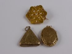 9 ct Yellow Gold Oval Locket, together with a yellow metal locket in the form of a triangle together