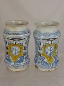 A Pair of Antique Italian Maiolica Apothecary Jars, hand painted with balance scales and lettering P