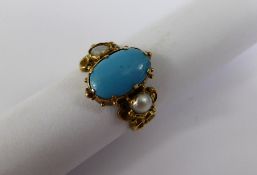 Antique Yellow Gold Turquoise and Seed Pearl Ring, the ornately formed ring having oval turquoise