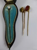 Gentleman`s Gold Tie Pins, including a pearl tie pin in the original box, Cornelian, Scarab