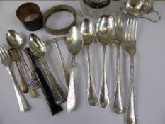 Miscellaneous Solid Silver Teaspoons, silver napkin ring, two beaded pattern forks m.m George Angel,