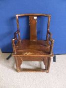 Antique Oak Famine chair, single shaped splat to back with decoration, shaped arms and supports,