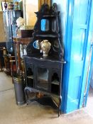 Edwardian Ebonised Mirrored Corner Display Cabinet, two oval and two square mirrors to the top