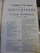 Harris` Lexicon Technicum, apparently 1704 one volume first edition, but missing title page etc (