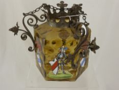 A Glass Ceiling Light Shade, hand painted with knights in armour and coat of arms to each glass