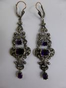 A Pair of Antique Style 18 ct White Gold and silver and Amethyst Drop Earrings, 6 cms in length,