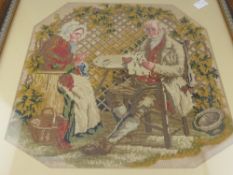 An antique tapestry, depicting a elderly couple together with a wool tapestry depicting a country