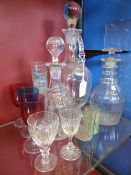 A quantity of glass including two decanters, ewer, six tot glasses with kingfisher transfers and a