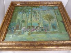 Artist Unknown, Acrylic on Canvas, depicting a village square with figures to the middle ground.