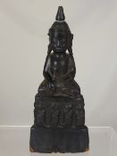 Antique Wooden Carved Figure of Buddha, the figure shown seated on a carved base depicting various