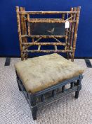 A Vintage Bamboo Magazine Rack, together with an ebonised footstool. (2)