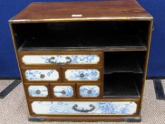 Circa 19th century Oriental Rosewood and Lacquer Campaign Chest having hand painted blue and white