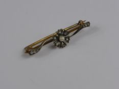 Antique 9 ct Gold and Silver Diamond and Pearl Brooch, the brooch in the form of a flower set with