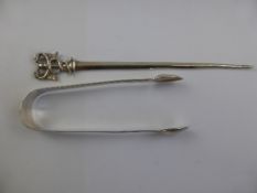Solid Silver Continental Letter Opener, together with solid silver sugar tongs. (2)