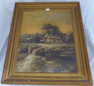 J. Foster oil on board depicting a cottage at sunset, signed to bottom right, in gilt frame.