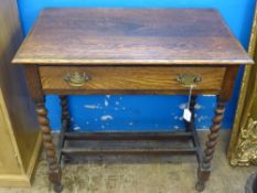 Antique hall table with single drawer and brass handles with pierced back plate on barley twist