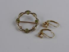 9ct Gold Green Stone and Seed Pearl Brooch, together with 9 ct white stone earrings. (2)