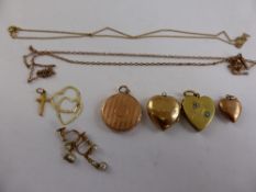 Miscellaneous 9 ct Gold Jewellery, including three lockets, chains, seed pearl drop earrings and