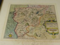 Antique Map, entitled `Merionith Comitatus Olm` copper plate engraving circa 1670 by W. Kip