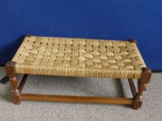 Double foot stool, mahogany framed with rattan top, approx. 76 x 38 x 29 cms.