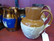 Two ceramic harvester jugs depicting The Hunt together with a little brown jug and a lustre ware jug