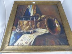 Karel van Kempen, Still Life Oil on Canvas depicting a military drum and French horn, approx