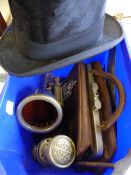 A box of miscellaneous items including a miniature Gladstone bag, a top hat, a boot hook, a