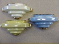 Three Art Deco Lusterware Porcelain Wall Pocket Vases, by Sadler in lemon, blue and cream with