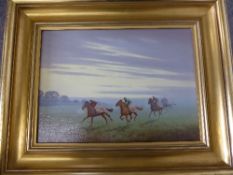 Oil on board depicting race horses, signed Ninette Butterworth, gilt framed, approx. 26 x 19 cms.