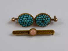 Edwardian 9ct and Coral Pin Brooch, together with a 18 ct gold and turquoise brooch on 9 ct mount,