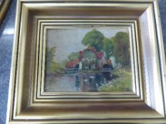 Oil on canvas depicting a rural water mill scene, signed F E Leary 1921, gilt framed, approx. 20 x