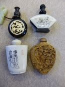 Two Chinese Bone Scent Bottles, the first etched with feminine figures the second with masculine