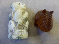 Two Chinese Bone Netsuke, the first depicting a figure carrying a pig together with a amber coloured