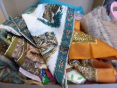 A box of assorted silk and other scarves incl. Liberty and mohair.