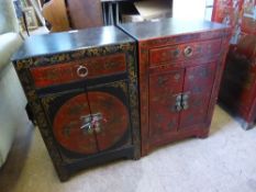 Contemporary Chinoiserie bedside cabinets, the front being decorated with red lacquer with Chinese