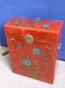 Contemporary Chinoiserie blanket chest having a domed top decorated with red lacquer and Chinese