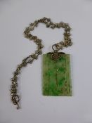 Antique Chinese Carved Jade Amulet Pendant, carved with two characters on white metal chain, 2.5 x