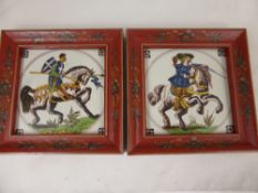 Two hand painted tiles depicting knights on horseback, approx 17 x 17 cms