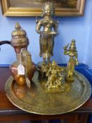 A  Collection of Brass and Copper including three antique figures of diety 32, 17 and 11 cms high,