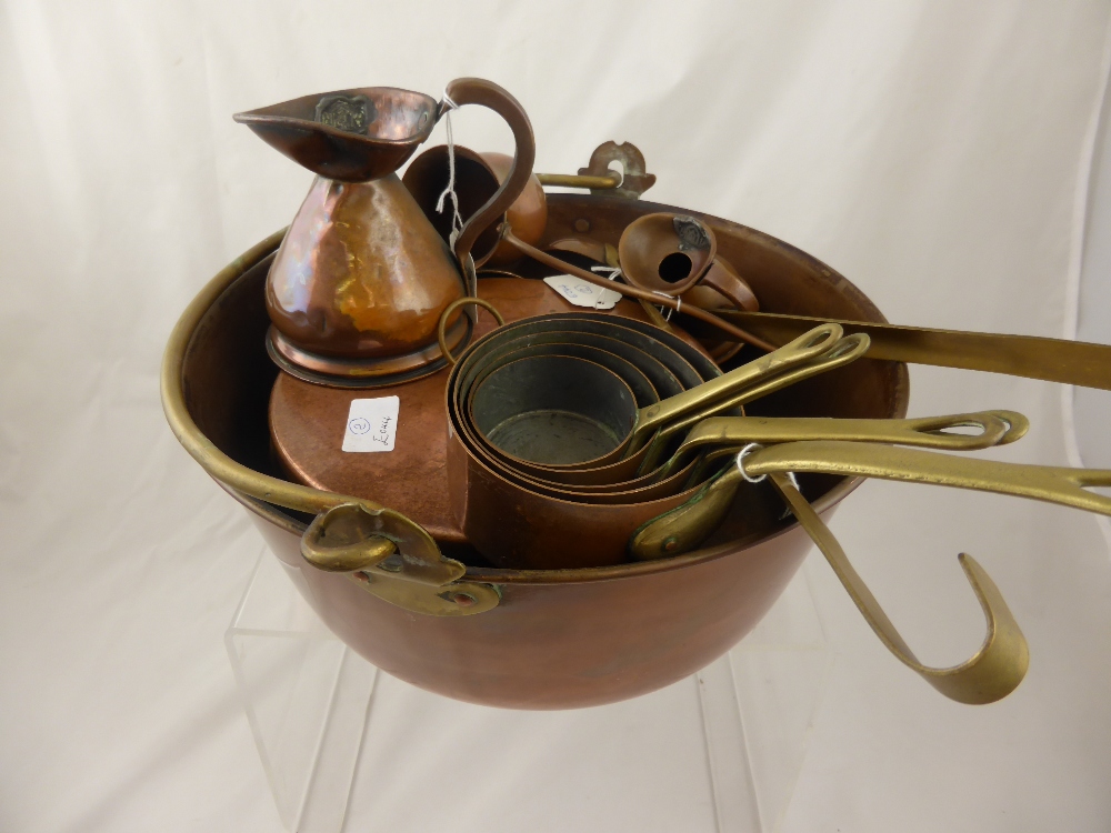 A Vintage Copper Jam Pan, together with three copper ladles and copper gill measures together with