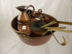 A Vintage Copper Jam Pan, together with three copper ladles and copper gill measures together with